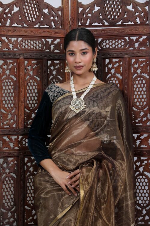 Maheshwari Golden Zari Silk-Cotton Tissue Saree